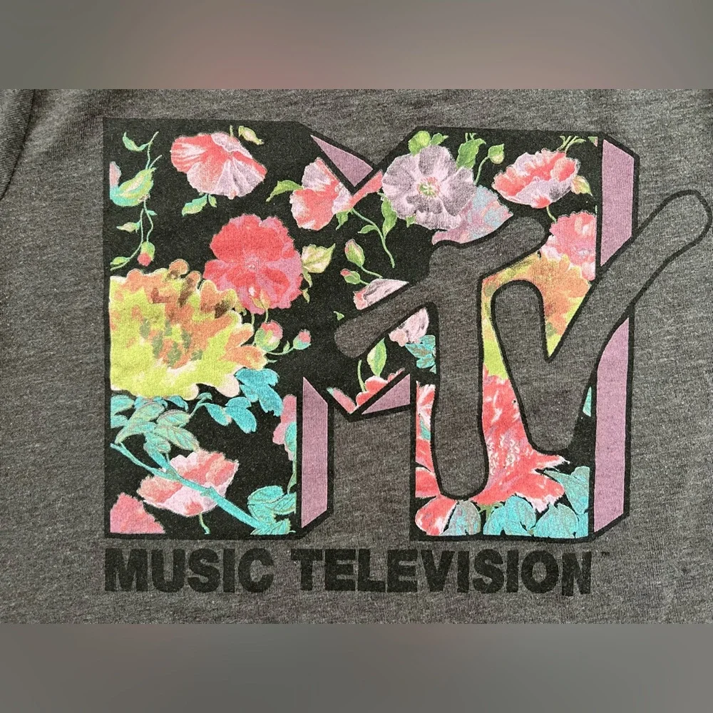 MTV Viacom Charcoal Gray T-Shirt with Floral Logo Women’s Size Small - Picture 2 of 7